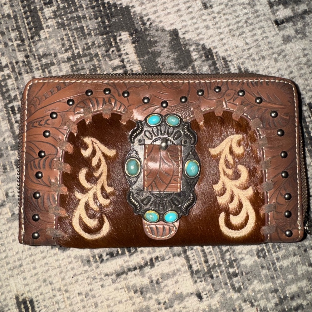 Artisan Brown Leather Wallet with Turquoise Details